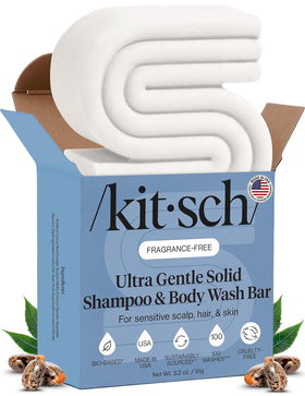 Kitsch front packaging showing the 2‑in‑1 shampoo and body bar benefit