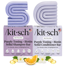Kitsch front packaging showing both purple shampoo and conditioner bars and eco benefits