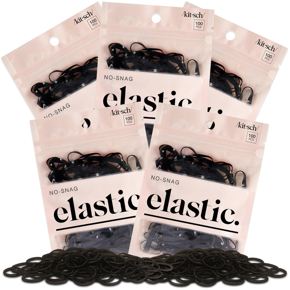 Kitsch front packaging of black no-snag elastics, ready supply benefit