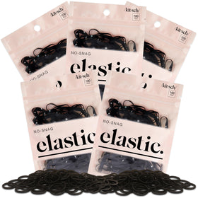 Kitsch front packaging of black no-snag elastics, ready supply benefit
