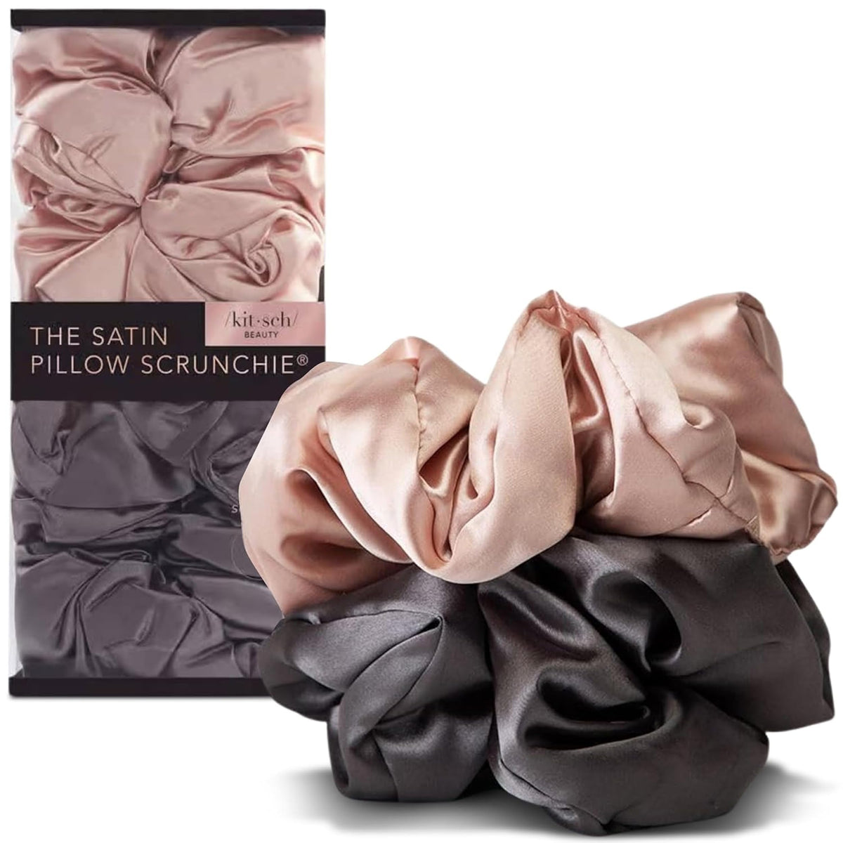 Kitsch front view of blush and charcoal scrunchies showing colors and packaging benefit