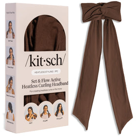 Kitsch front view of chocolate brown headband showing compact design and convenience