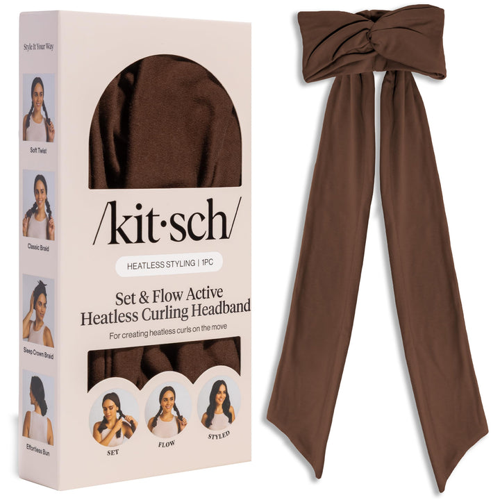 Kitsch front view of chocolate brown headband showing compact design and convenience