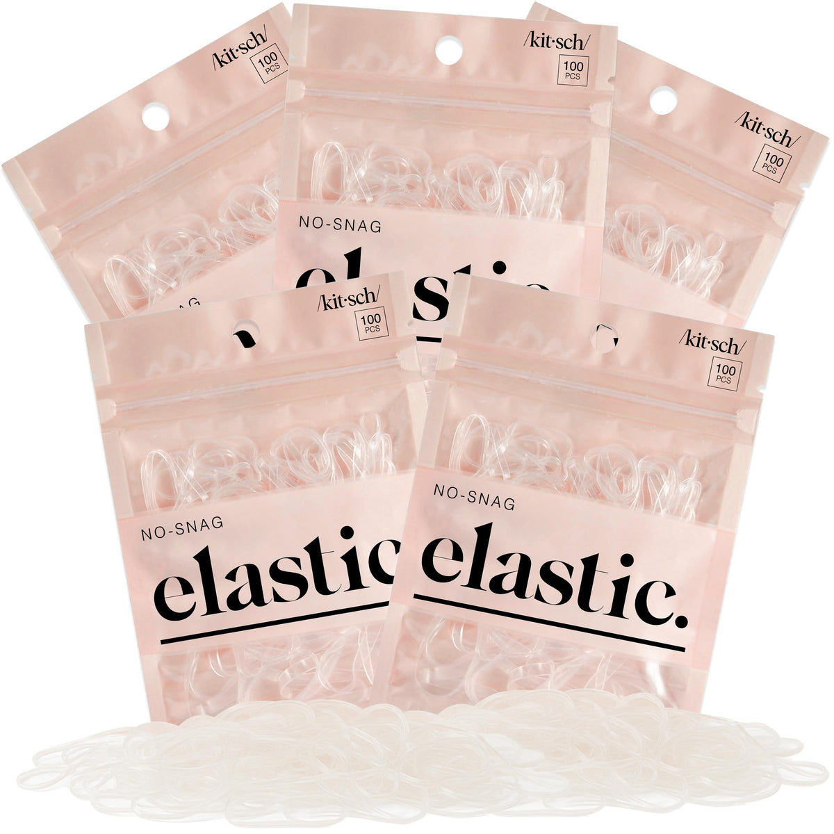 Kitsch front packaging showing clear elastics and quantity, convenient supply