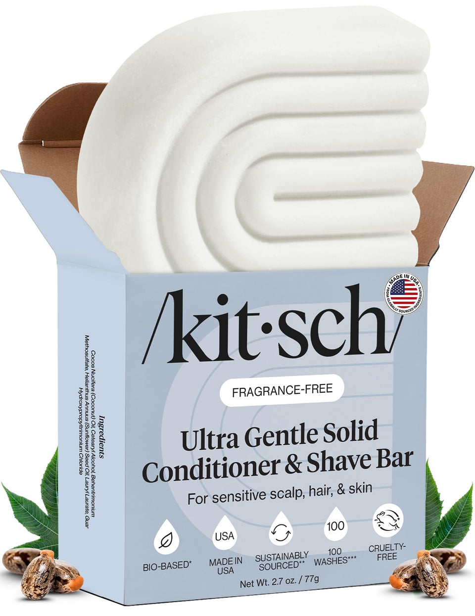 Kitsch front packaging showing the fragrance-free conditioner and shave bar benefiting travel convenience