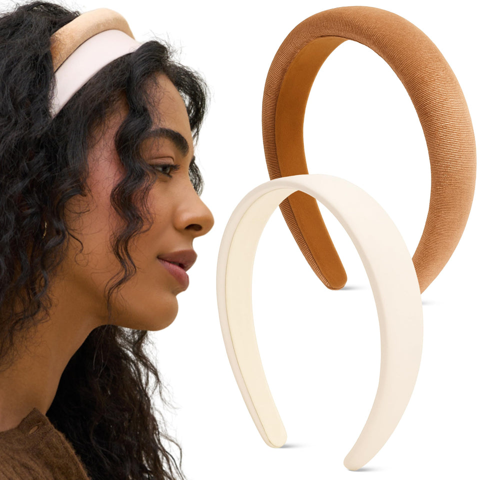 Kitsch front view of cream and camel headbands showing versatile pairing and style