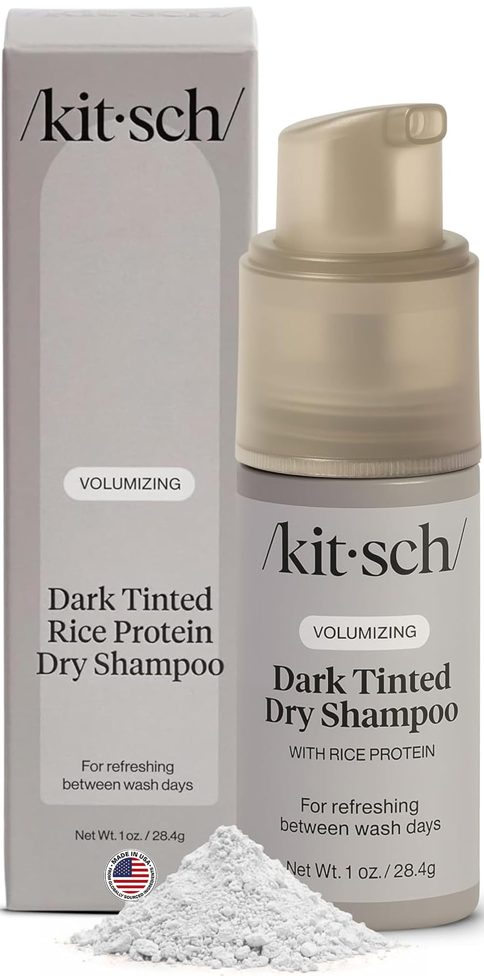 Kitsch front packaging showing dark tinted pump and compact travel size benefit