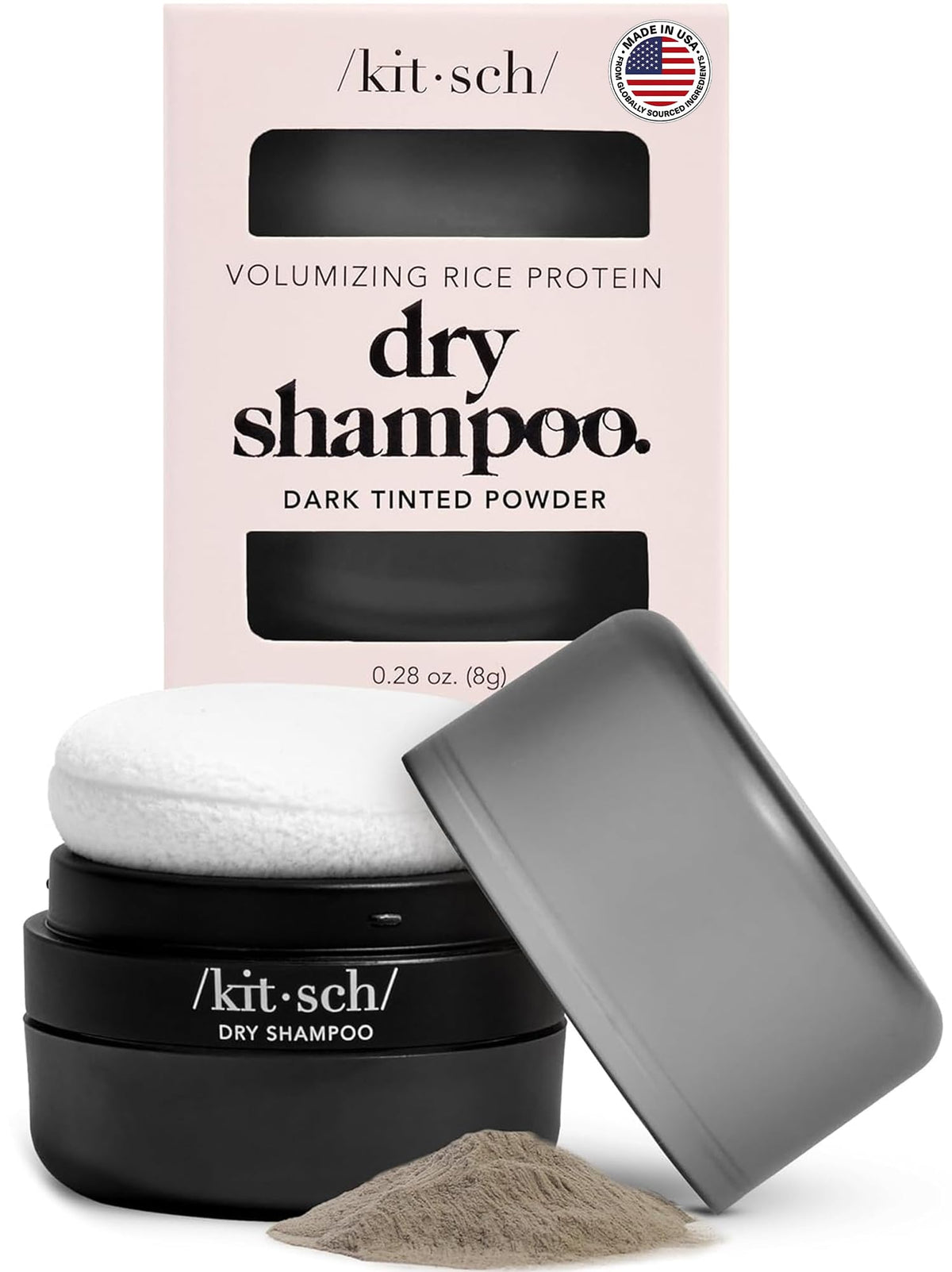 Kitsch front packaging showing compact travel dry shampoo and puff, convenient refresh