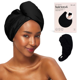 Kitsch front view of black microfiber wrap showing compact design and fast drying benefit