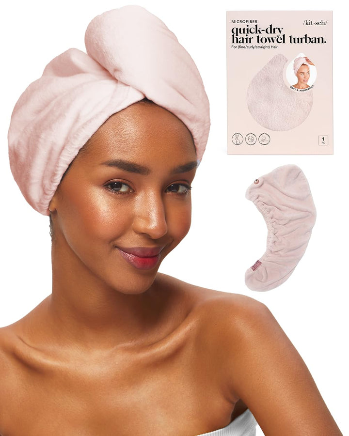 Kitsch front view of pink towel wrap shows compact packaging and quick-dry benefit