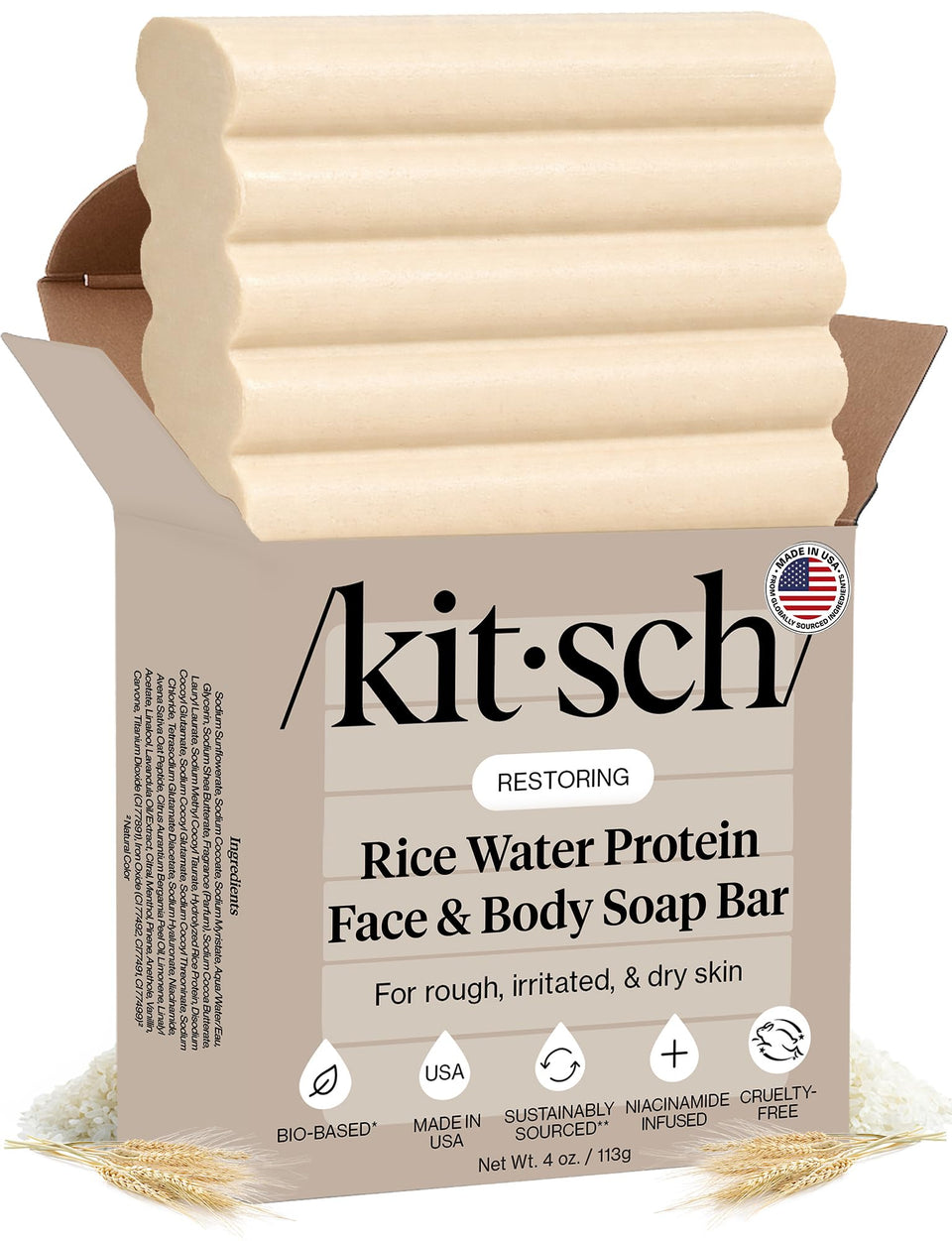Kitsch front packaging showing rice water bar benefits for hydrated skin