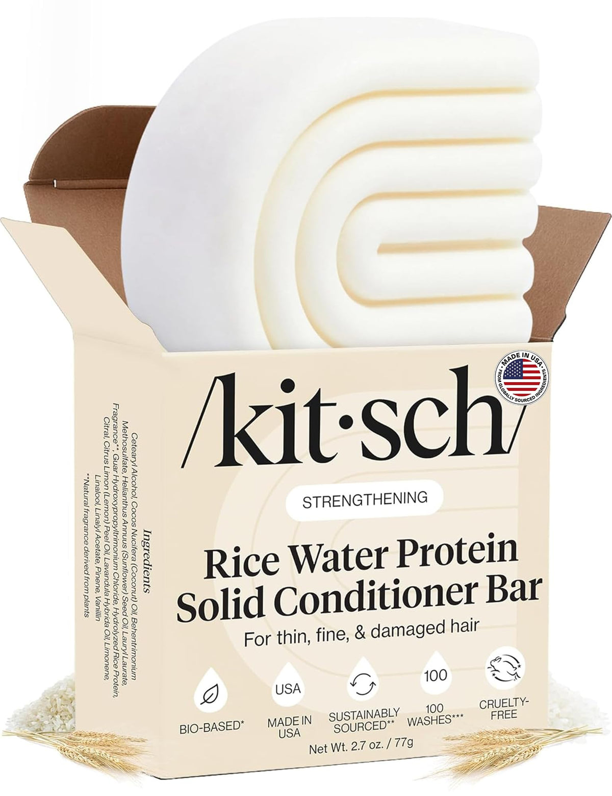 Kitsch front packaging showing rice water conditioner bar and travel-ready size benefit