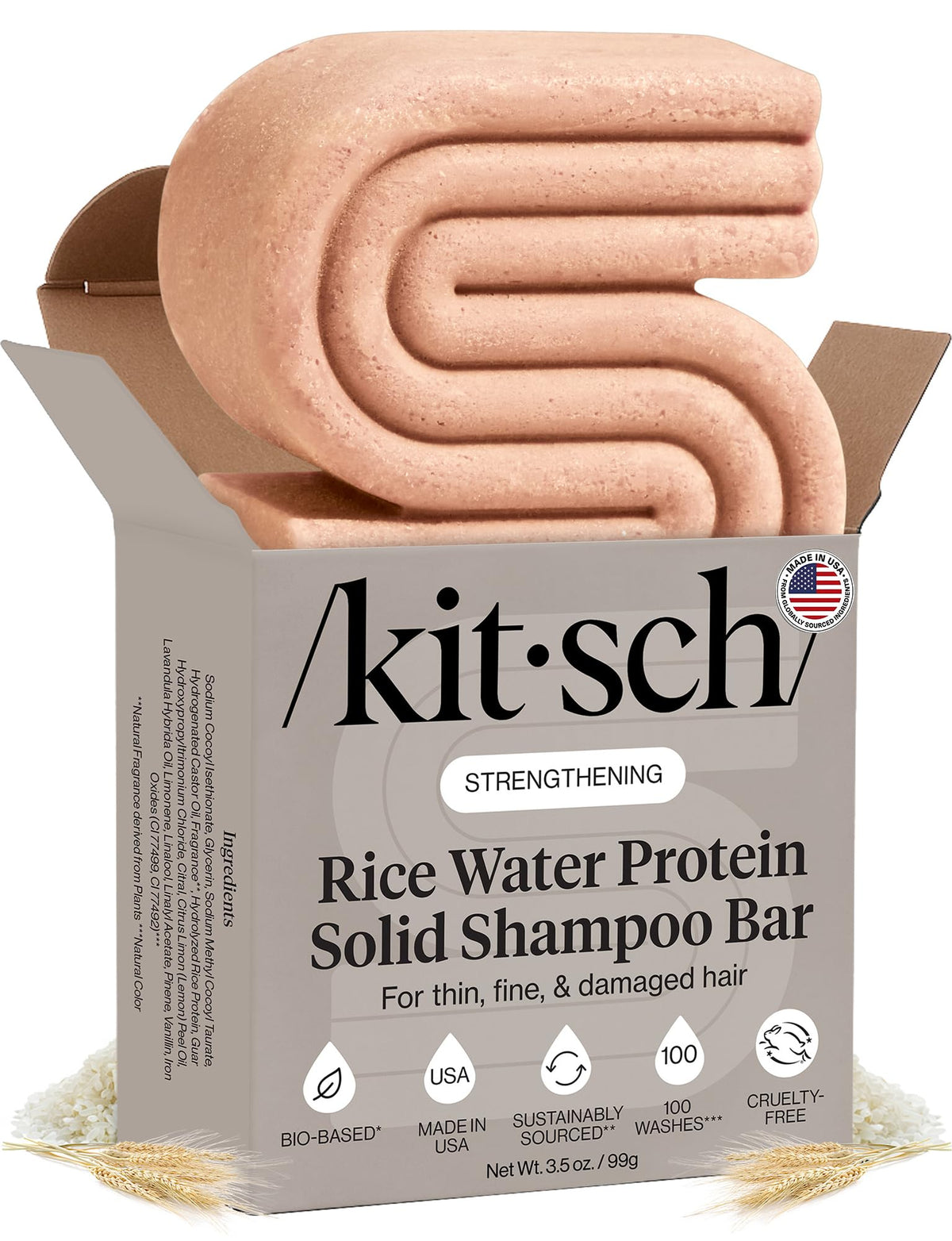 Kitsch front packaging showing rice water shampoo bar and benefits