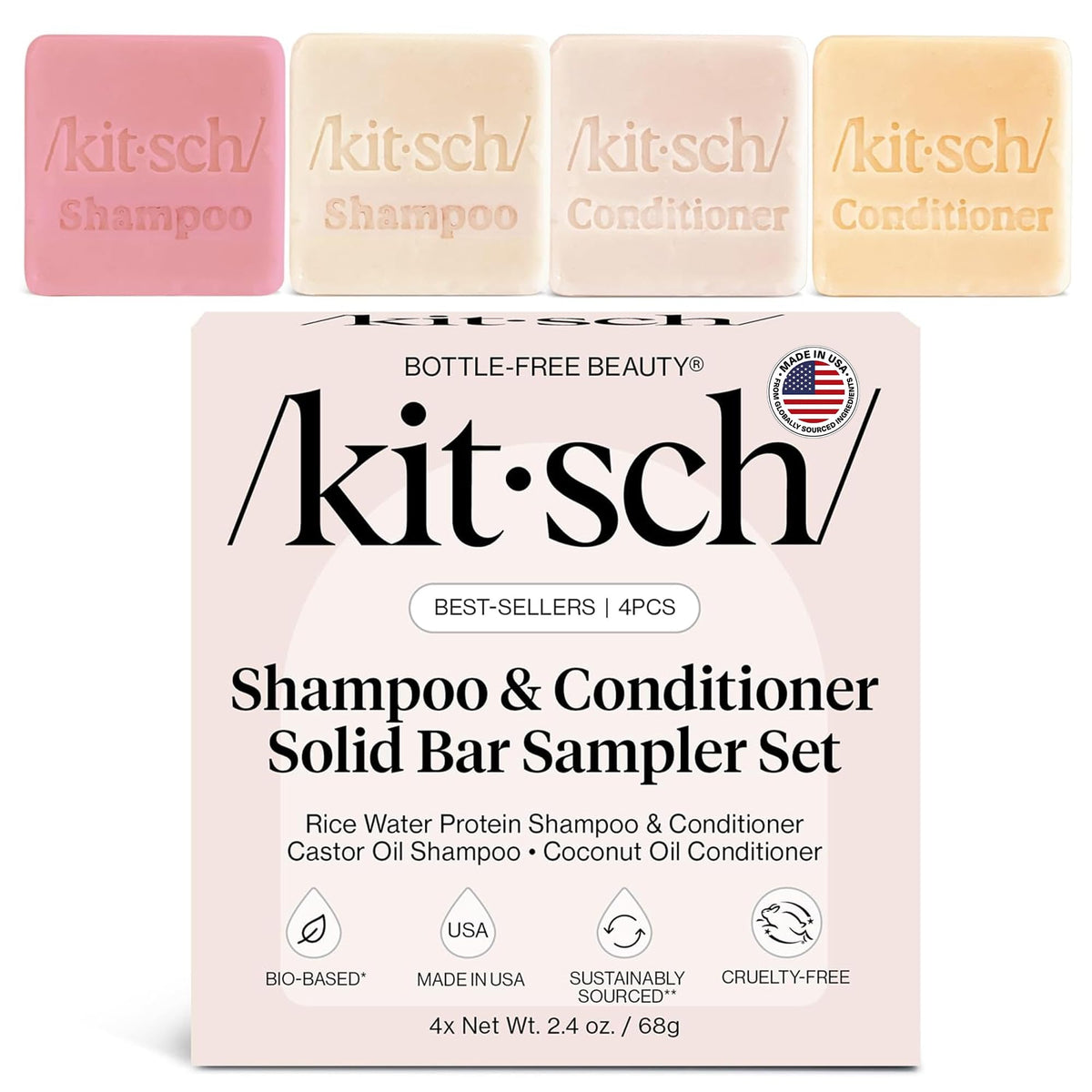 Kitsch front packaging of 4-piece sampler set showing eco benefits
