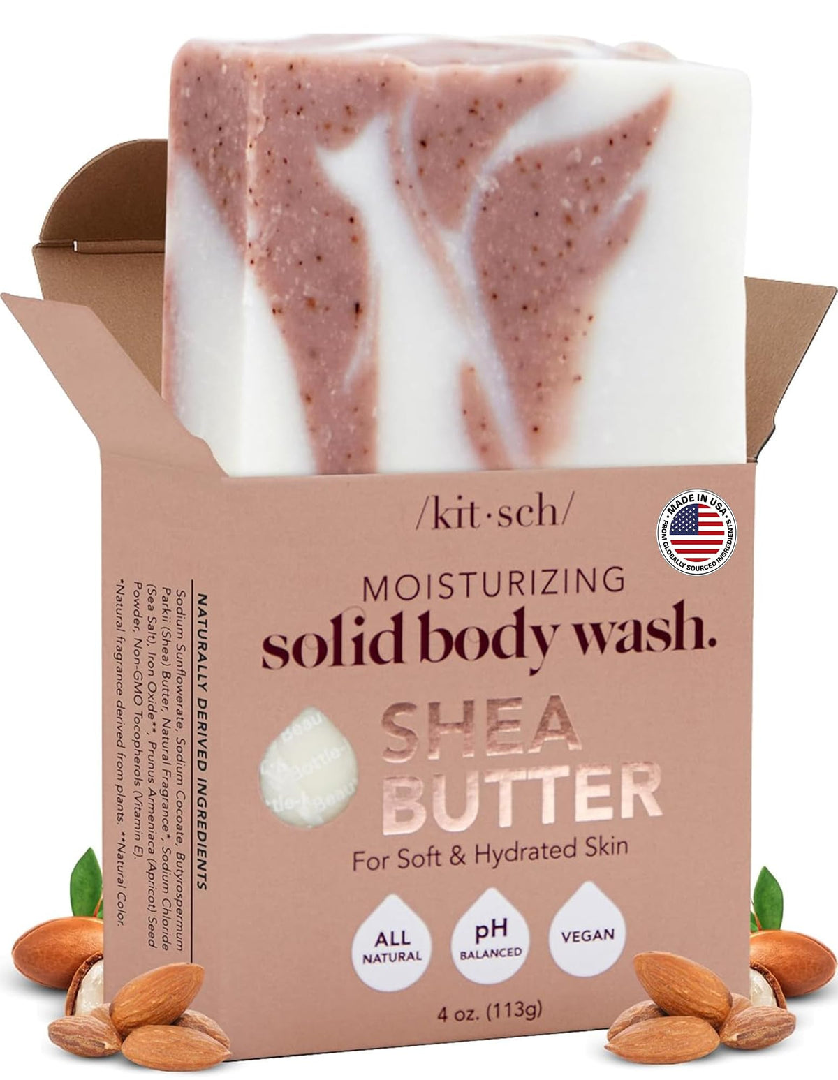 Kitsch front packaging of shea butter exfoliating body wash bar showing branding and size