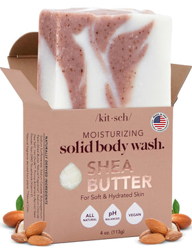 Kitsch front packaging of shea butter exfoliating body wash bar showing branding and size