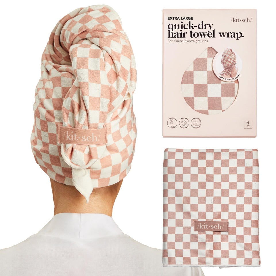 Kitsch front view of terracotta checkered towel showing compact design and absorbency benefit