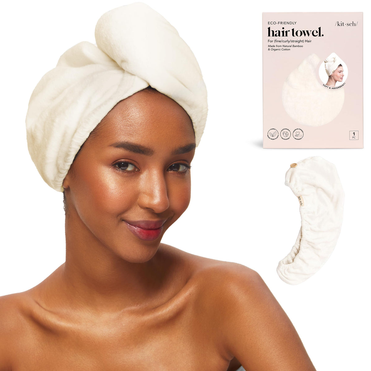 Kitsch front view of white ivory towel wrap showing neat shape and soft fabric benefit