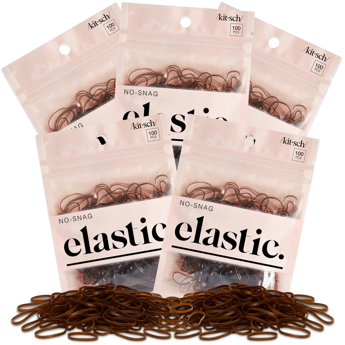 Kitsch front packaging showing bulk 500 brown elastics and brand