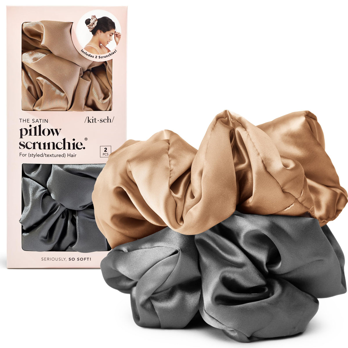 Kitsch front view of charcoal and gold scrunchies showing stylish, protective hold