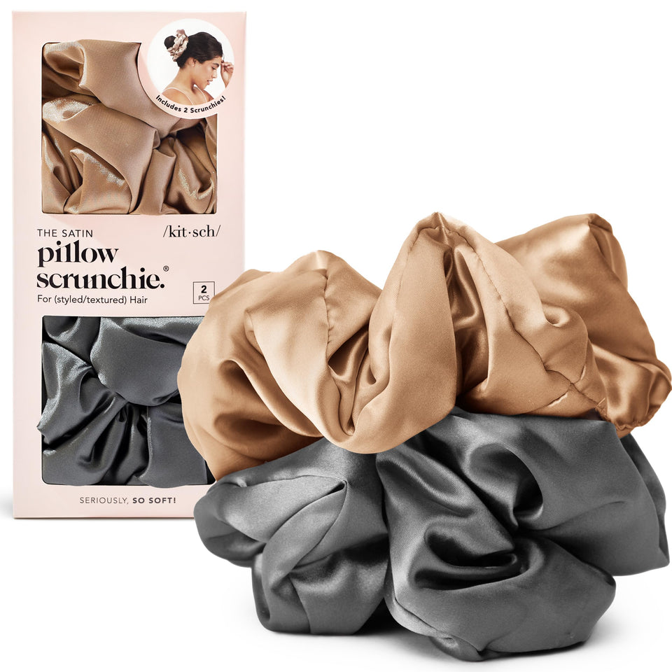 Kitsch front view of charcoal and gold scrunchies showing stylish, protective hold