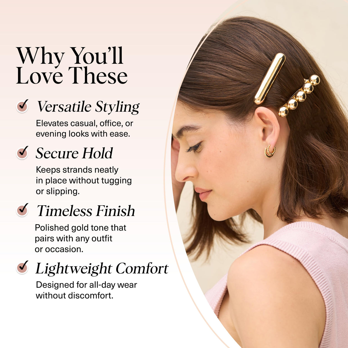 Kitsch gold barrettes clasp detail showing secure grip and comfort