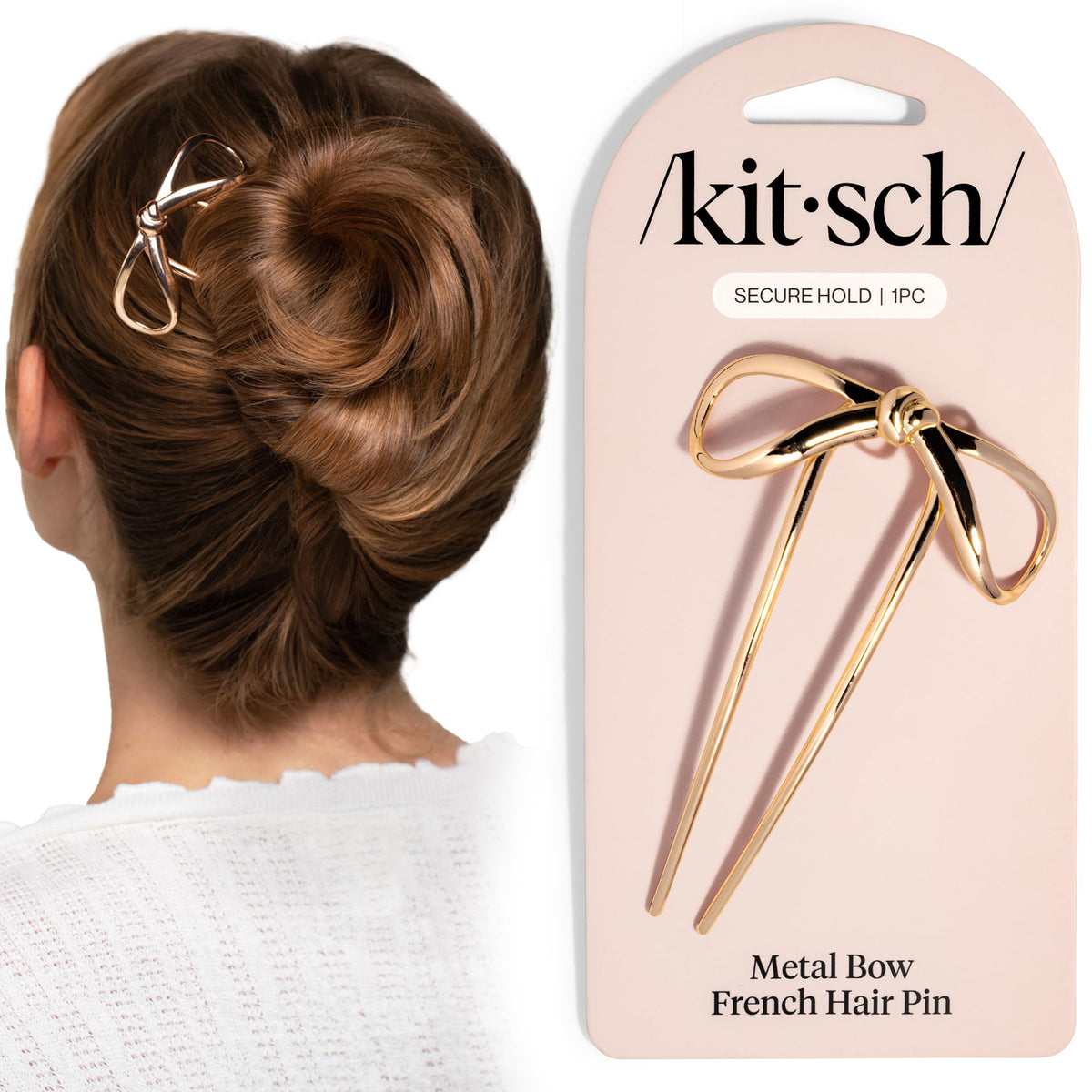 Kitsch gold hair pin front view shows elegant bow and polished shine