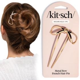 Kitsch gold hair pin front view shows elegant bow and polished shine