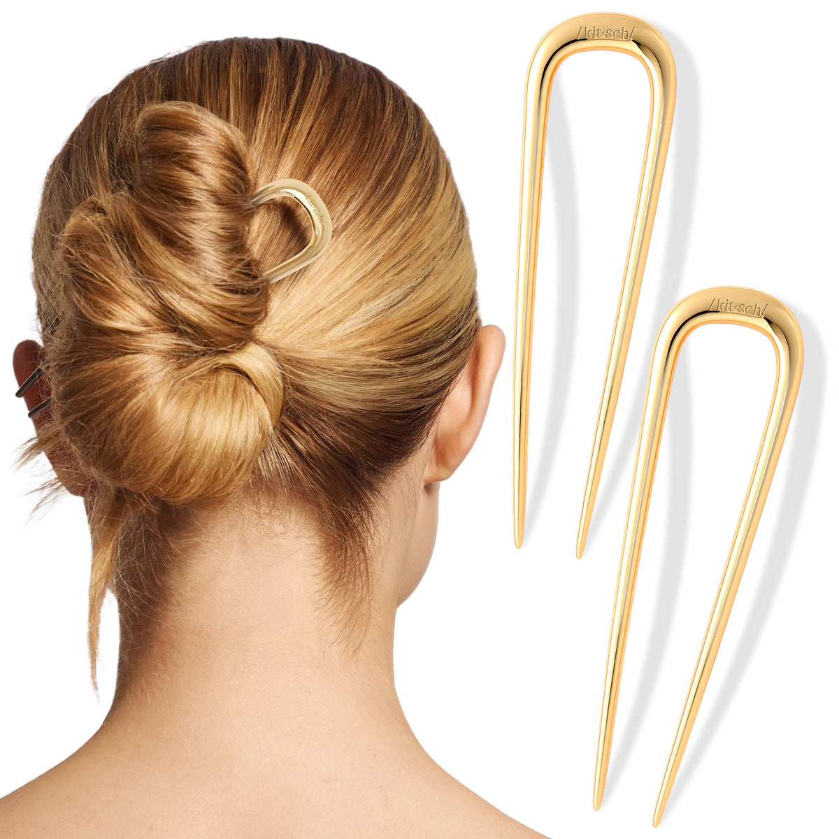Kitsch gold front view showing elegant hair pins and polished finish for refined styling