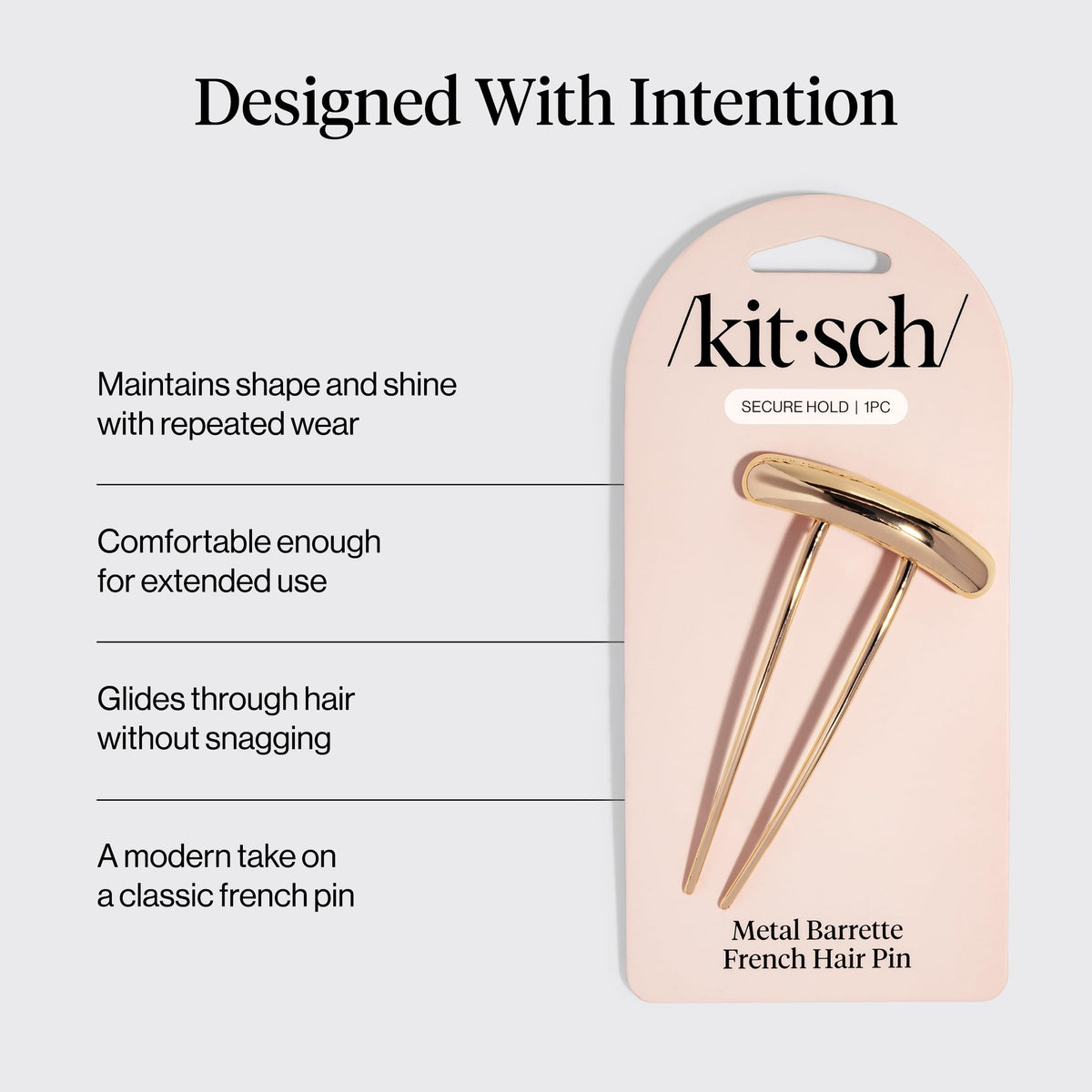 Kitsch gold hair pin securing a tidy bun, showing reliable hold during activity