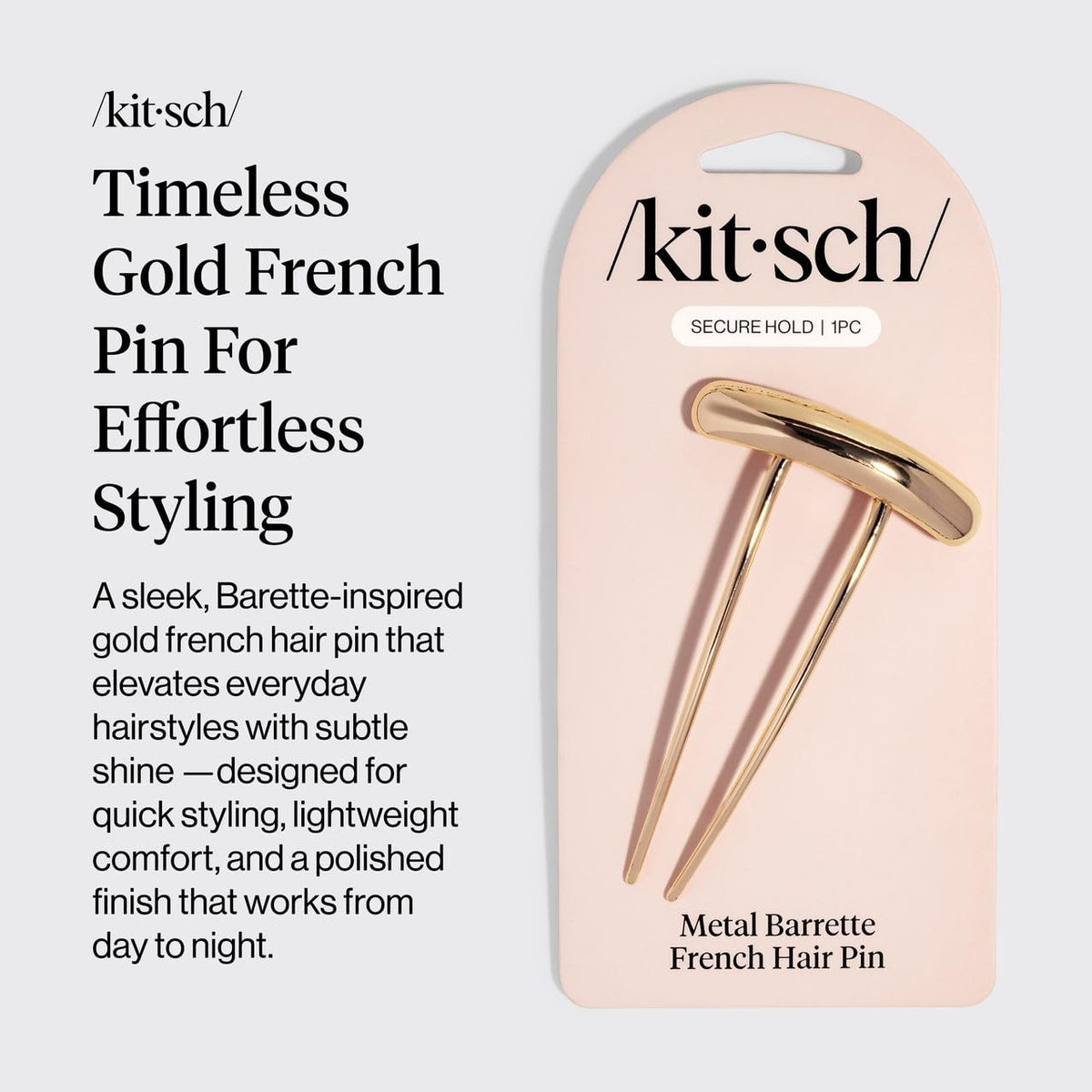 Kitsch gold hair pin close-up of polished finish highlighting durability and smooth glide