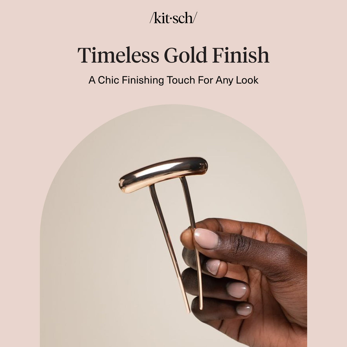 Kitsch gold hair pin close detail of hinge and edge, showing quality construction
