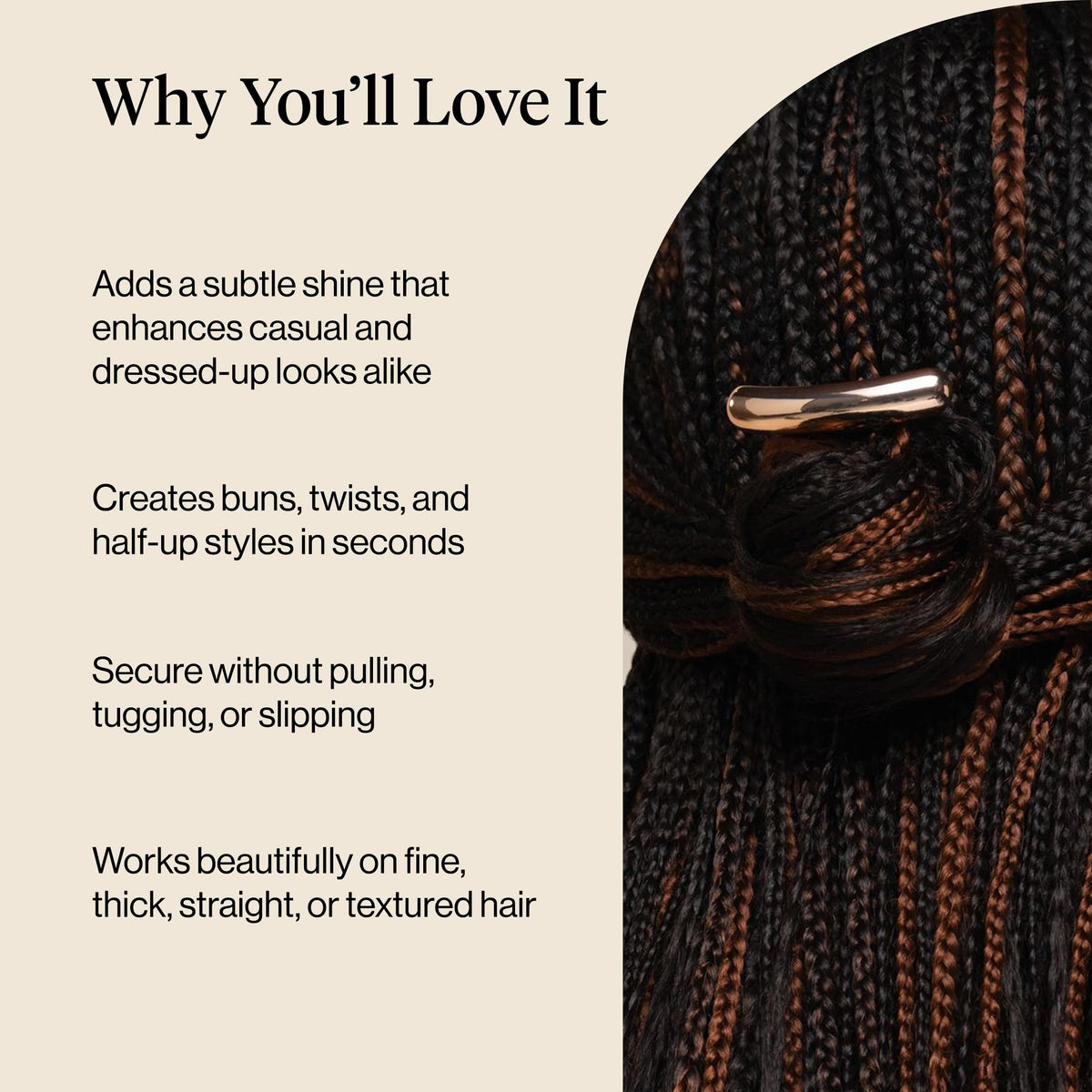 Kitsch gold hair pin worn in half-up hairstyle demonstrating secure everyday hold
