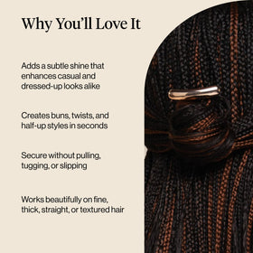 Kitsch gold hair pin worn in half-up hairstyle demonstrating secure everyday hold