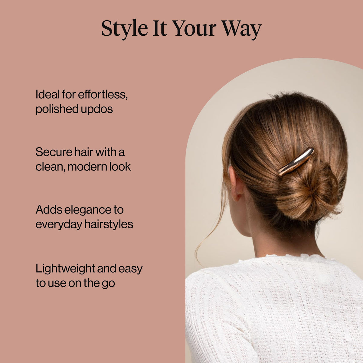 Kitsch gold hair pin on textured surface, emphasizing refined metal look and versatility