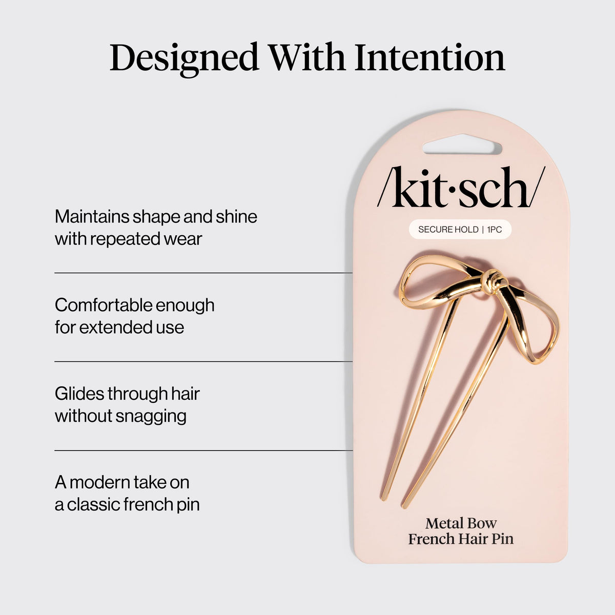 Kitsch hair pin securing a sleek bun for comfortable all-day hold