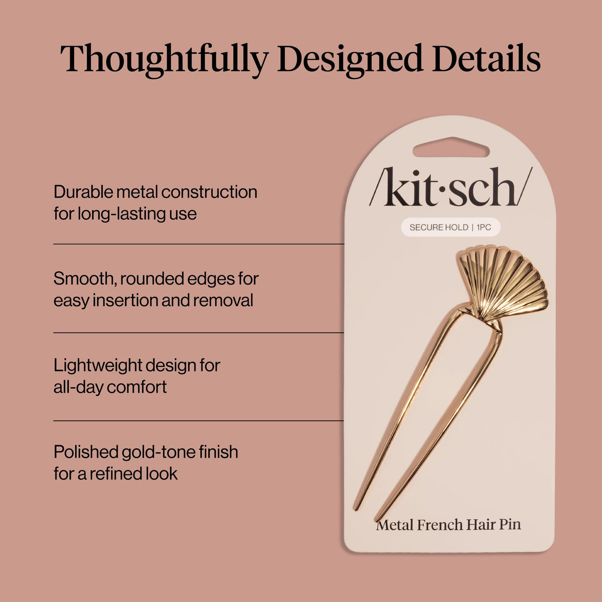 Kitsch pin securing a bun in hair demonstrating reliable all‑day hold