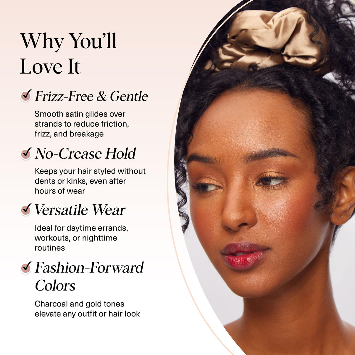 Kitsch scrunchie in a high ponytail demonstrating gentle, crease-free hold