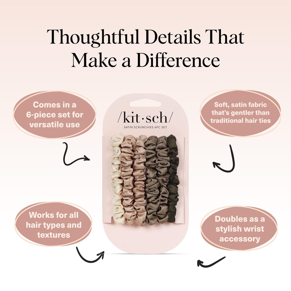 Kitsch scrunchie holding a low ponytail, gentle hold without creasing hair