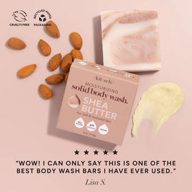 Kitsch bar being used in a shower showing gentle exfoliation and softening benefit