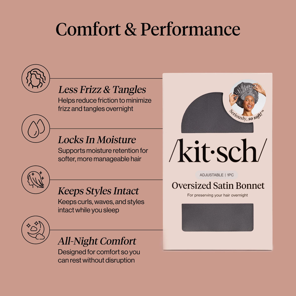 Kitsch bonnet worn while sleeping demonstrating secure fit and reduced friction