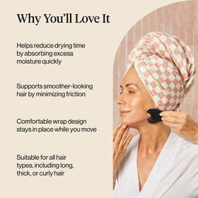 Kitsch towel in use on wet curly hair preserving curl shape and reducing frizz