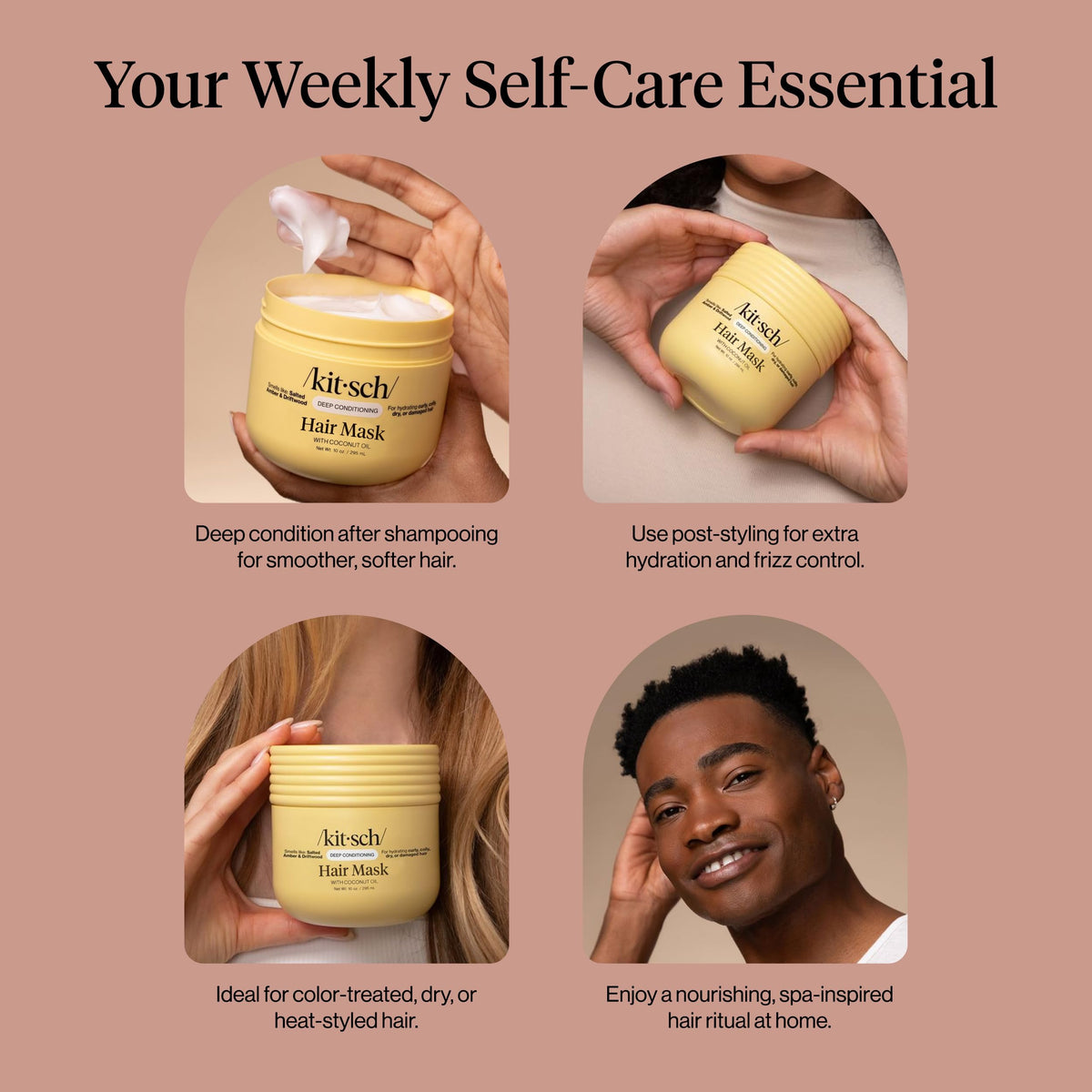 Kitsch jar label close-up listing coconut oil and conditioning benefits