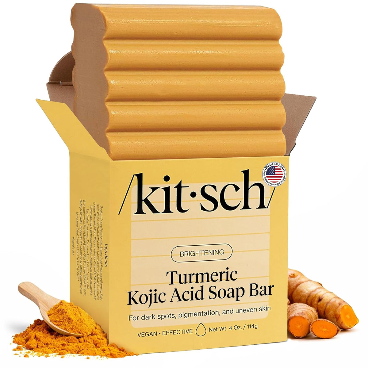 Kitsch soap front packaging showing brightening benefits and bar shape