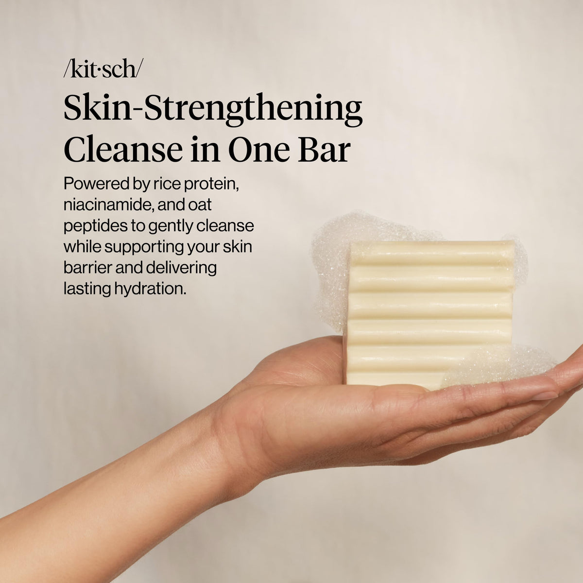 Kitsch label close-up showing niacinamide and oat peptides for soothing