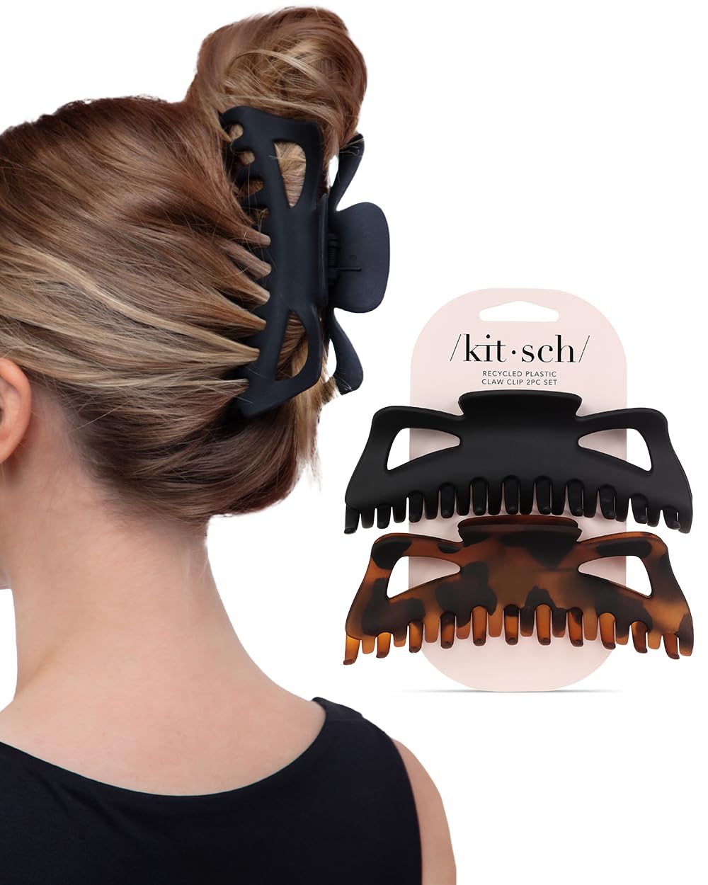 kitsch front packaging view shows two large claw clips and clear benefits