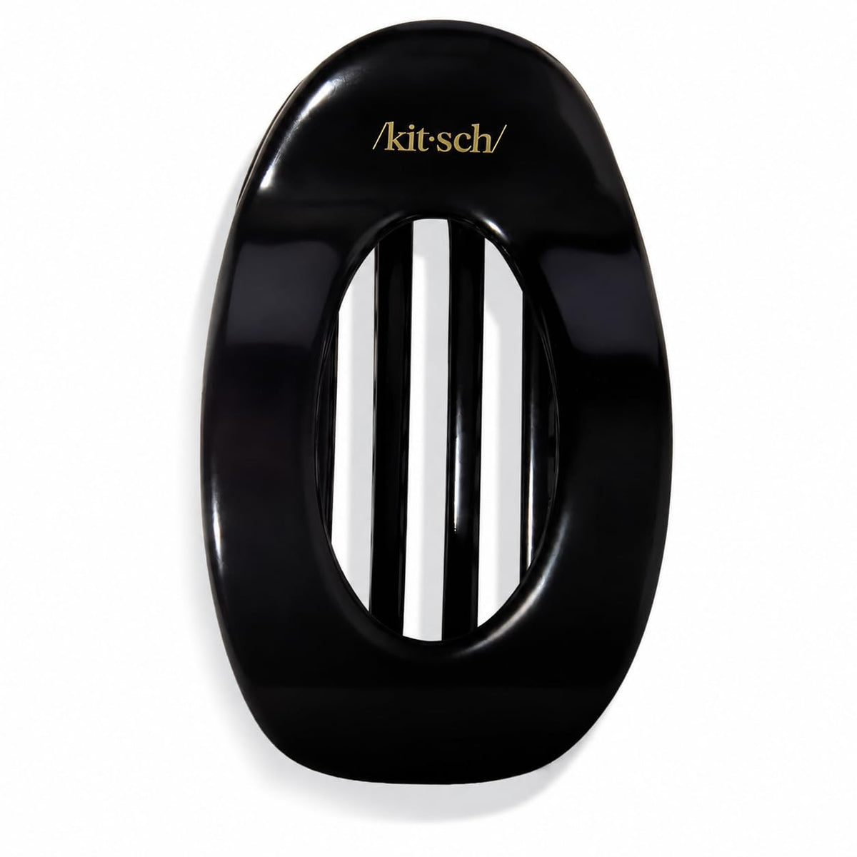 Kitsch black clip front view showing sleek flat shape and polished finish for refined styling