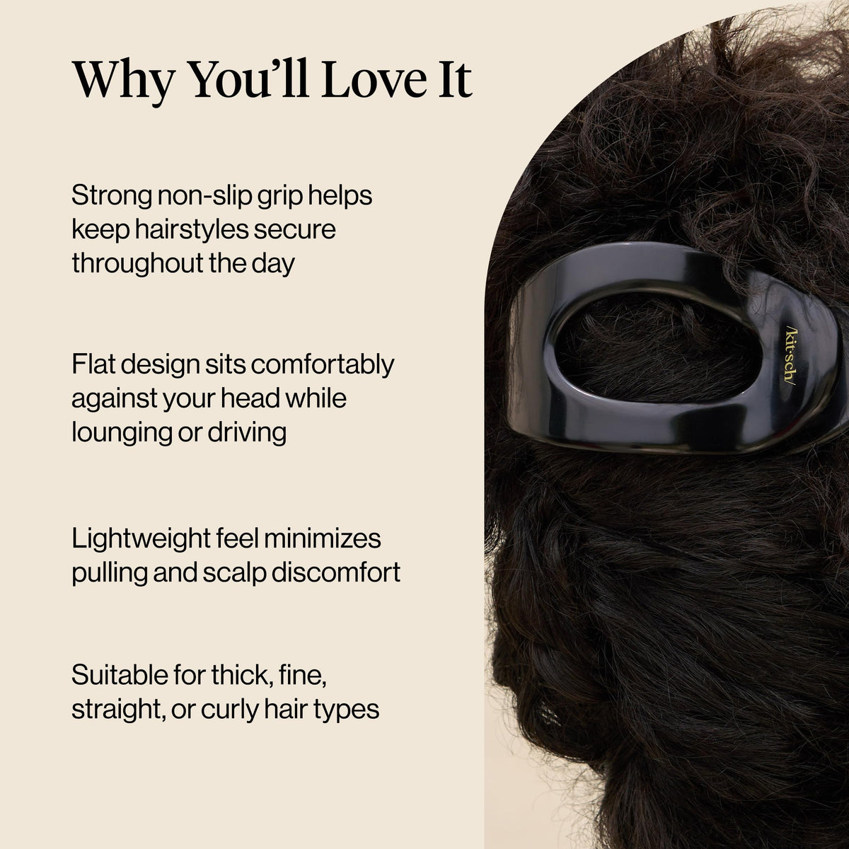 Kitsch clip holding thick hair demonstrating strong non-slip hold and comfortable wear