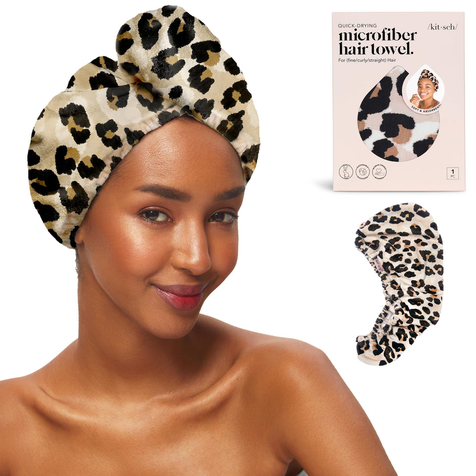 kitsch leopard hair towel front packaging showing print and shape for fast drying