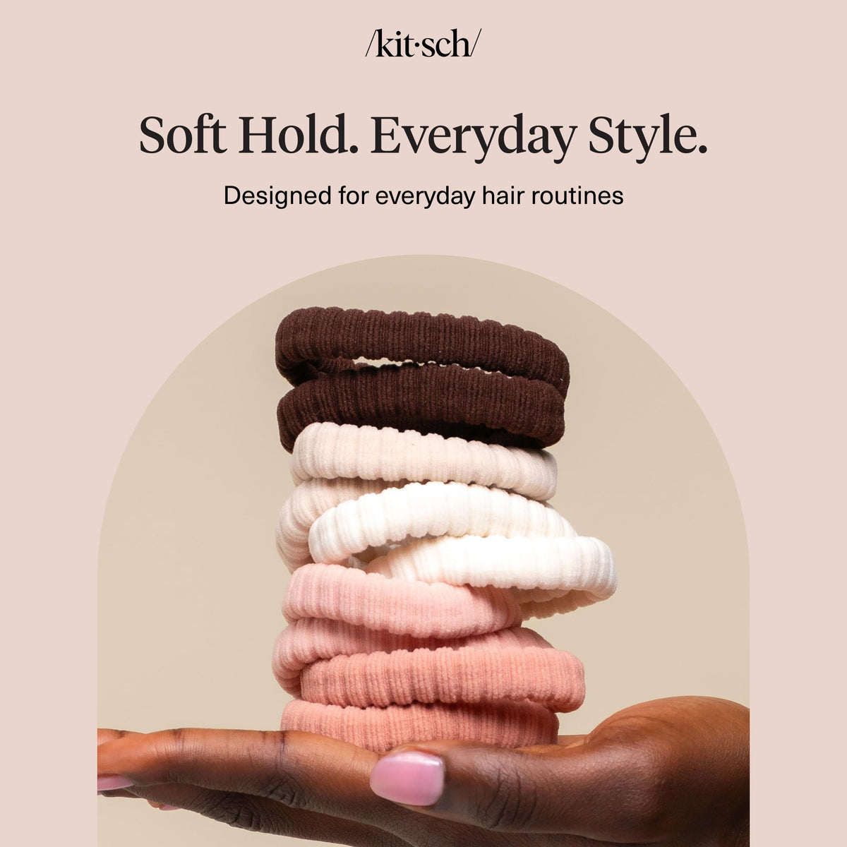 Kitsch hair ties in a bag in lifestyle scene showing convenience for on-the-go styling